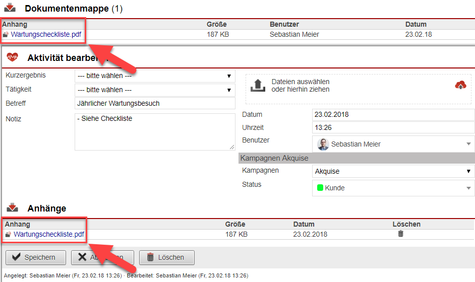 Screenshot Anzeige "Datenmappe" und "Aktivätsanlage" mit Markierungen bei Links zum Anzeigen von PDFs