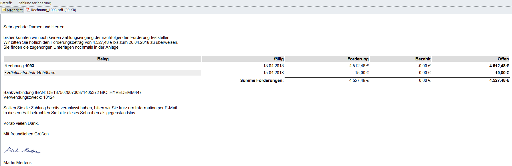 Screenshot Beispiel einer per E-Mail verschickten Zahlungserinnerung