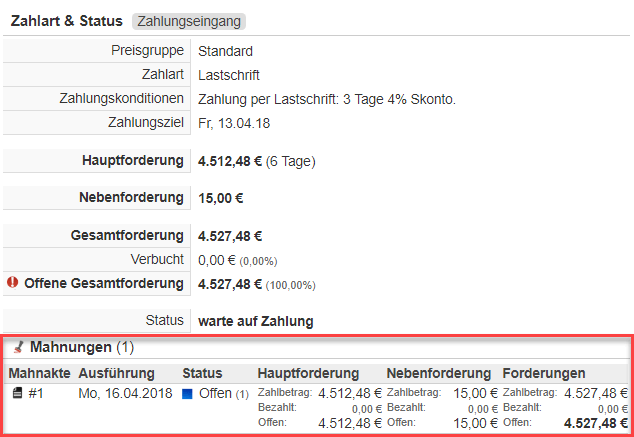 Screenshot Anzeige einer offenen Mahnung in der Belegerstellungsmaske