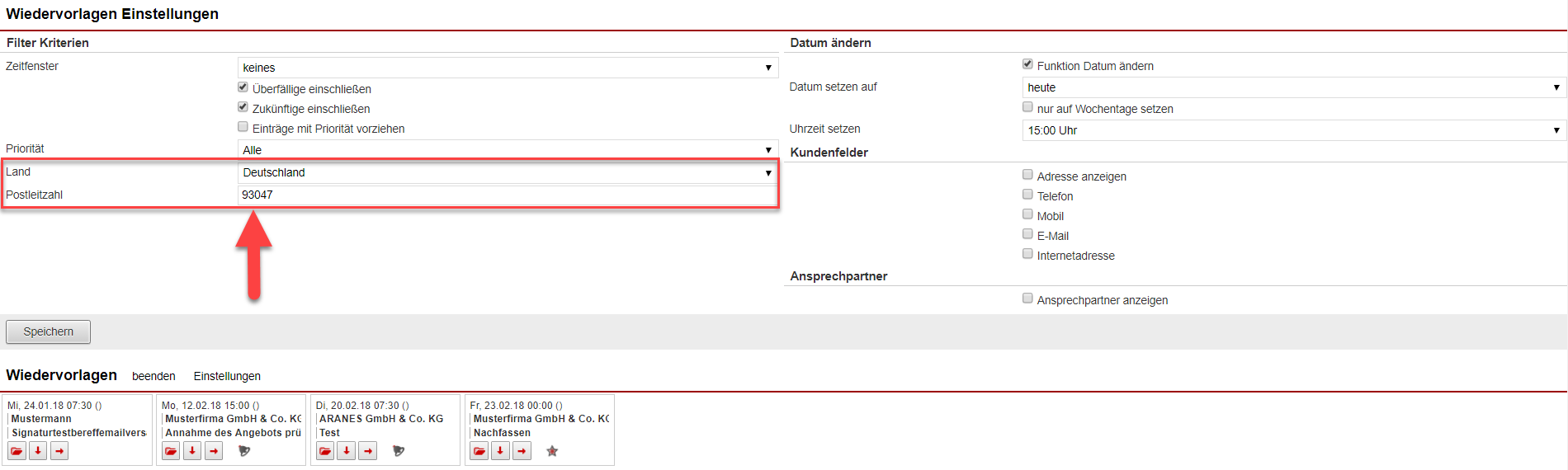 Screenshot des Einstellungsbereichs des Wiedervorlagen-Panels mit Markierung der neuen Optionen zur Filterung nach Land und Postleitzahl