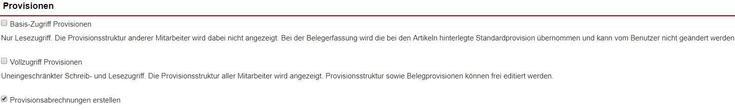 Screenshot Einstellungen der Rechte hinsichtlich der Provisionsbearbeitung