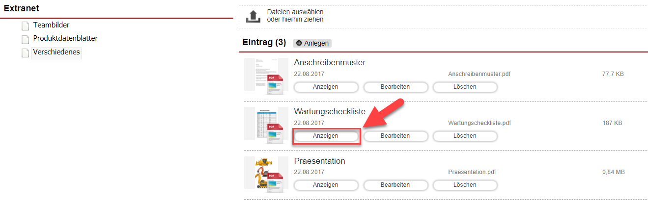 Screenshot Extranet mit Markierung auf einem Buttons zur Anzeige eines PDFs