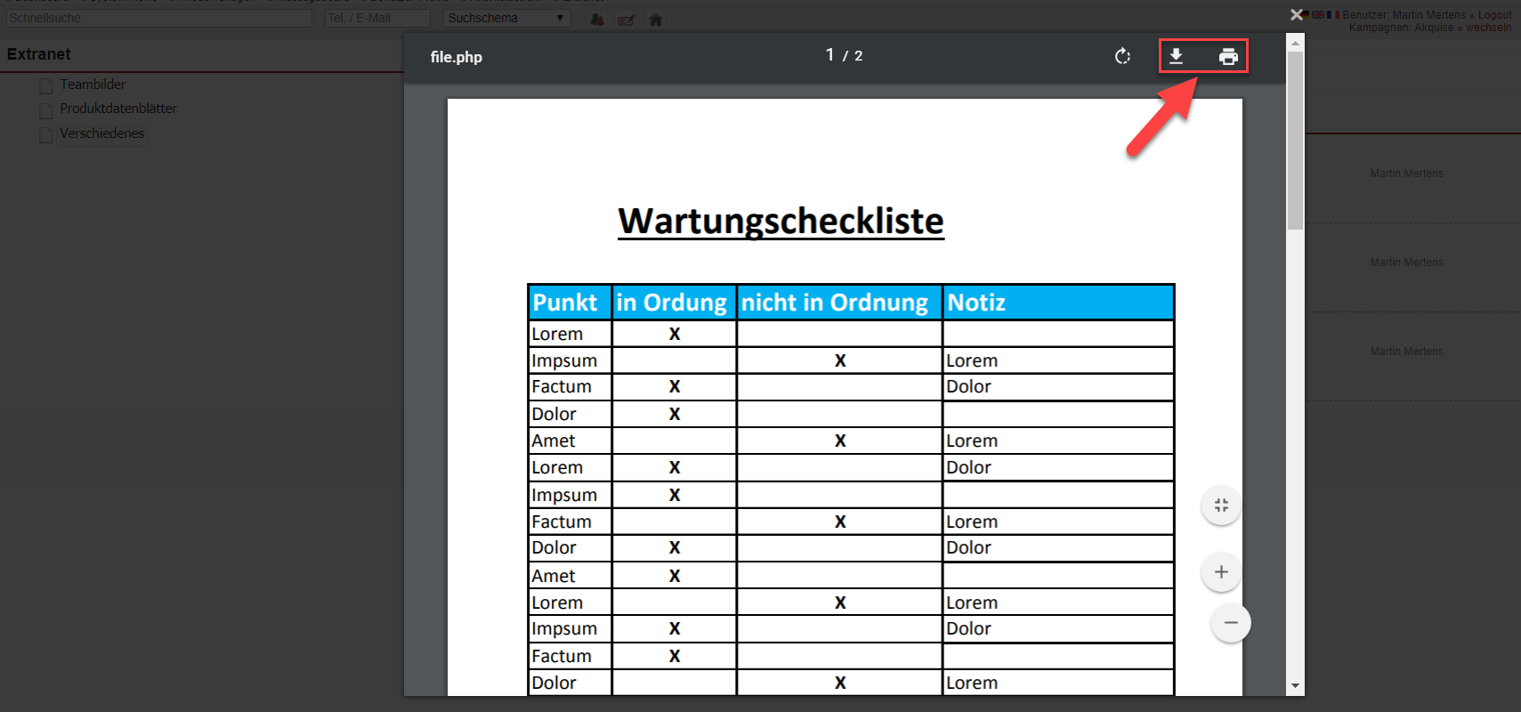 Screenshot eines im Browser angezeigten PDFs mit Markierung der Buttons für den Download und den Ausdruck