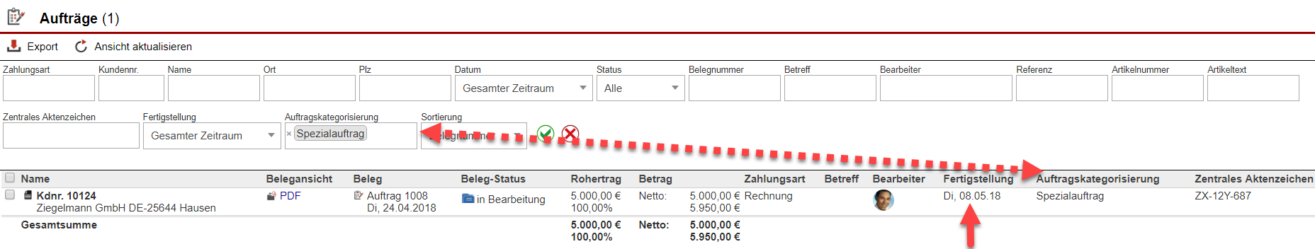 Screenshot Übersichtsmaske aller Aufträge mit verschiedenen Markierungen