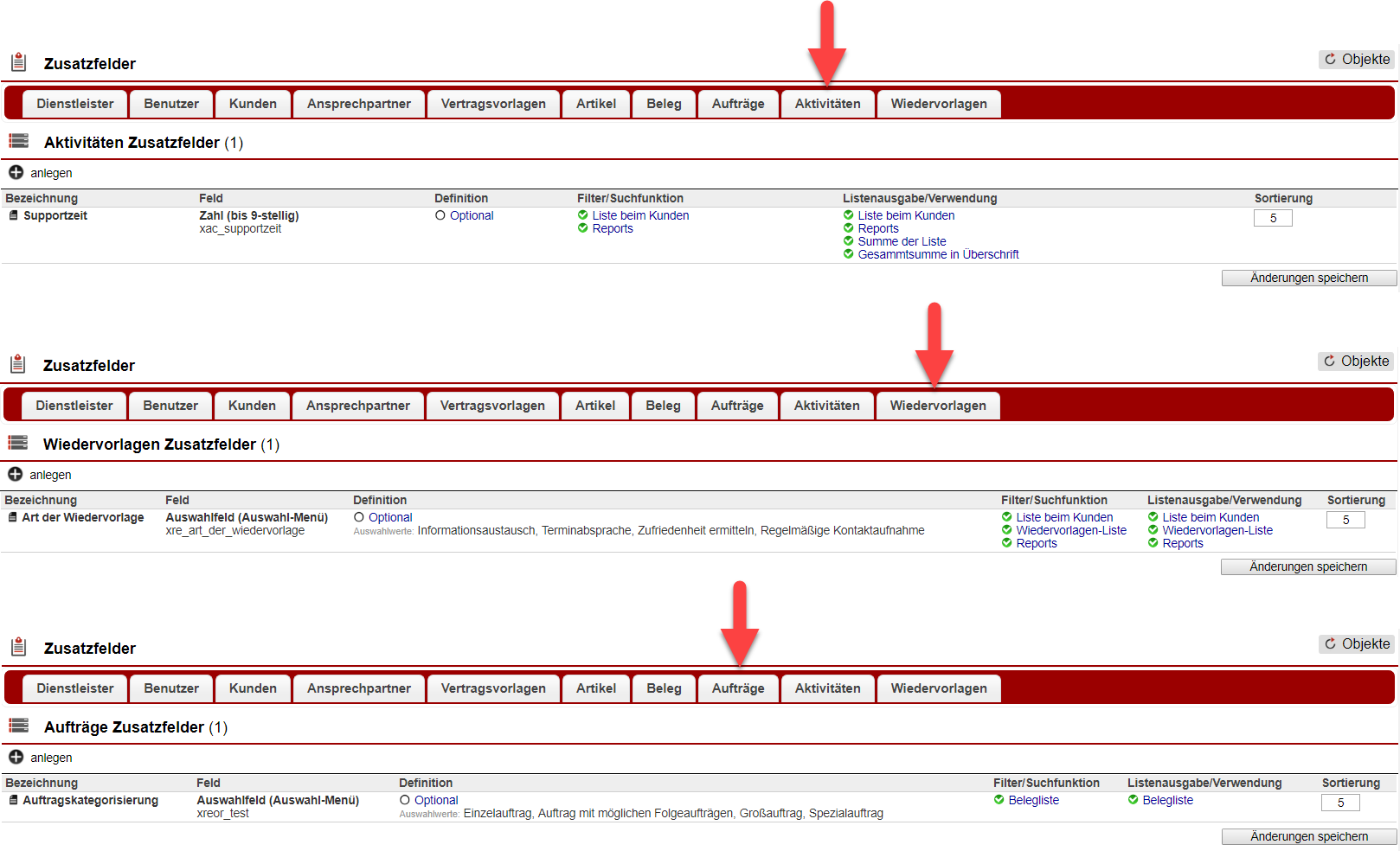 Screenshot-Zusammenstellung der Bereiche zum Anlegen von Zusatzfeldern bei Aktivitäten, Wiedervorlagen und Aufträgen