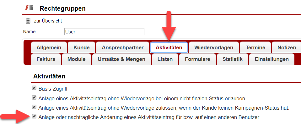 Screenshot der Einstellungsmaske für Aktivitäten mit Markierung der neuen Option