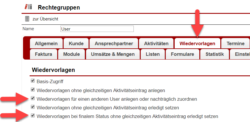 Screenshot der Einstellungsmaske für Wiedervorlagen mit Markierungen der neuen Optionen