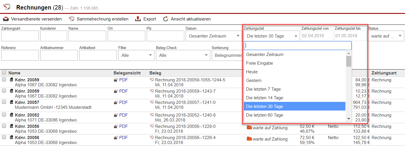 Screenshot Maske Rechnungsübersicht mit Markierung der neuen Filtermöglichkeiten nach Zahlungszielen