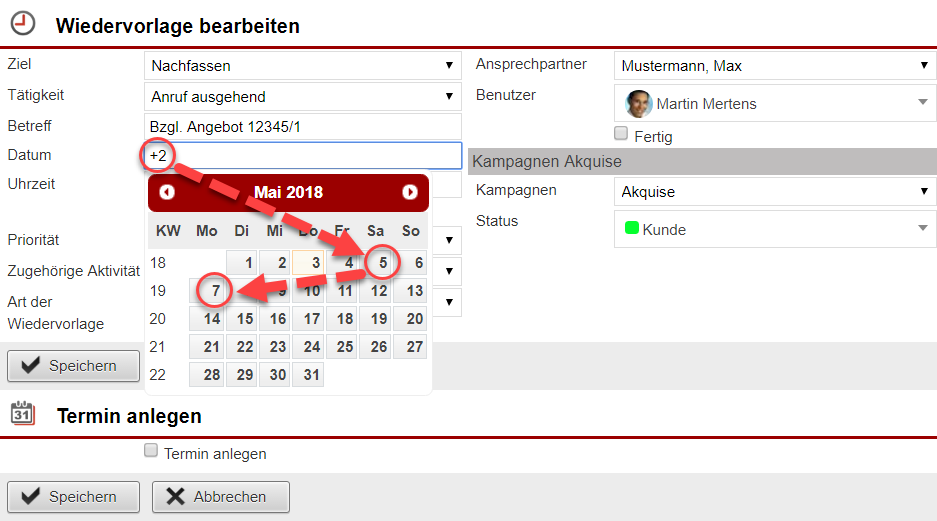 Screenshot Bereich zum Anlegen einer Wiedervorlage mit verschiedenen Markierungen