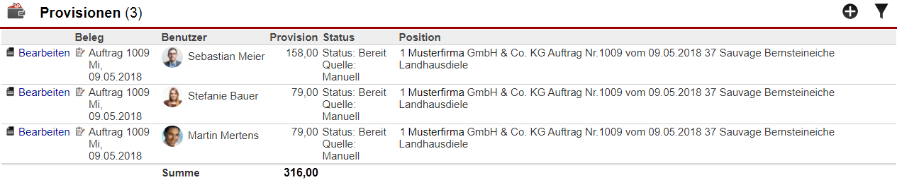 Screenshot der Maske "Provisionsansicht" innerhalb eines Belegs mit abrechnungsbereiten Provisionszahlungen