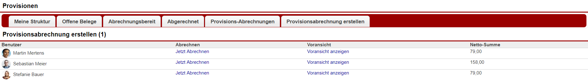 Screenshot des Bereichs "Provisionsabrechnung erstellen" innerhalb des Faktura-Menü-Punkts "Provisionen"