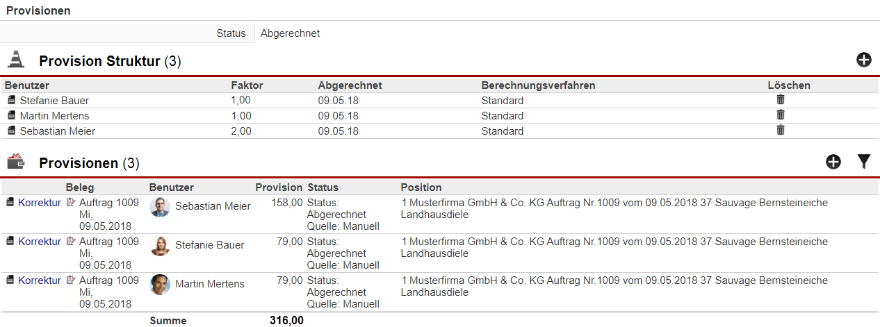 Screenshot der Maske "Provisionsansicht" innerhalb eines Belegs mit abgerechneten Provisionszahlungen