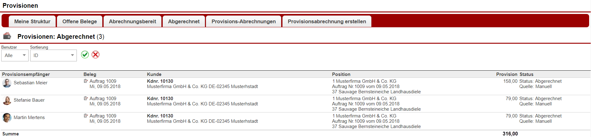 Screenshot des Bereichs "Provisionen abgerechnet" innerhalb des Faktura-Menü-Punkts "Provisionen