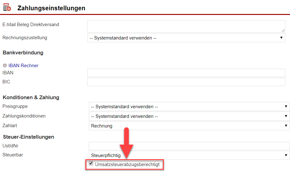 Screenshot Maske für Zahlungseinstellungen bei einem Mitarbeiter-Datensatz