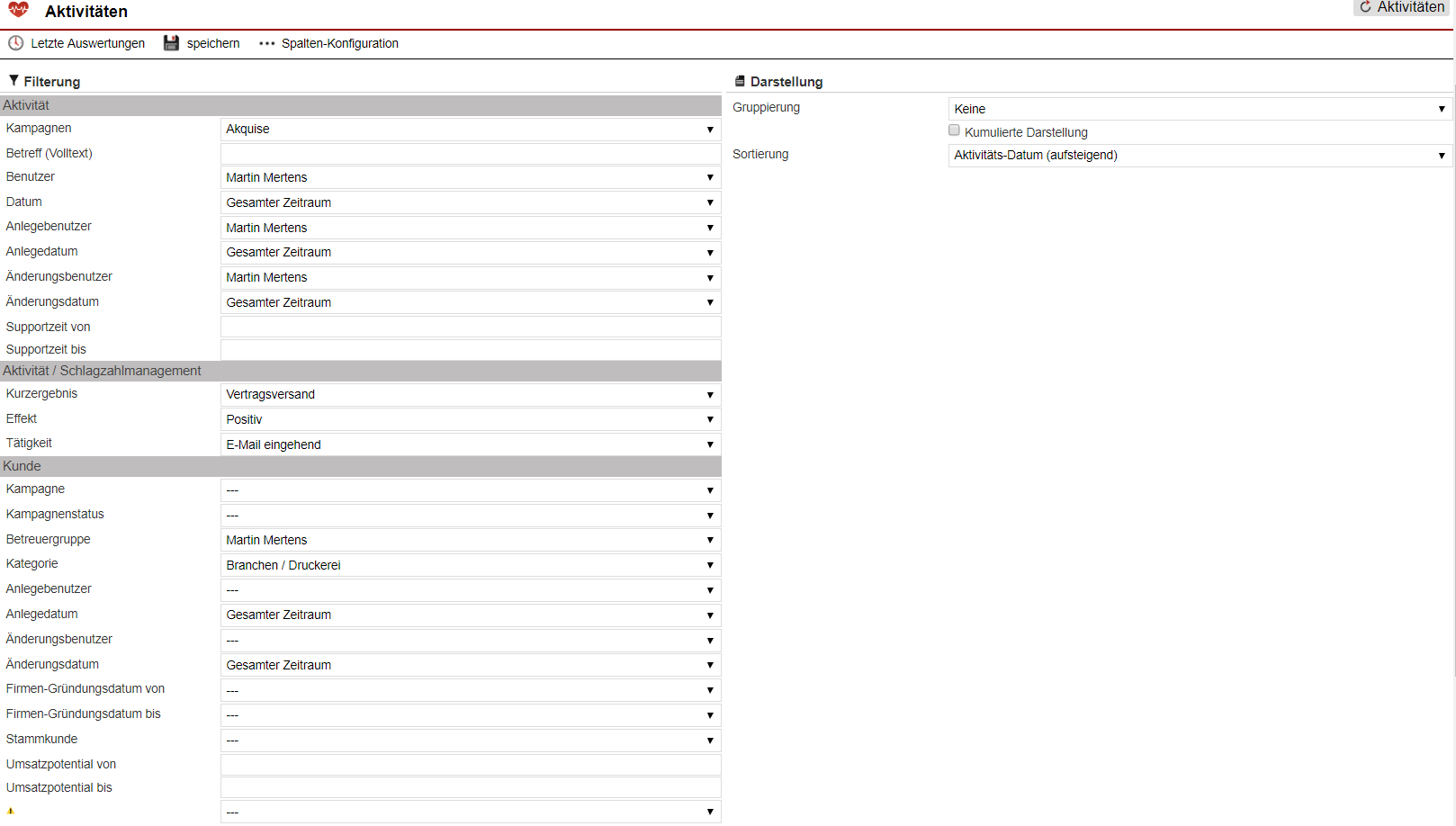 Screenshot Einstellungsmöglichkeiten der Aktivitäten-Statistik