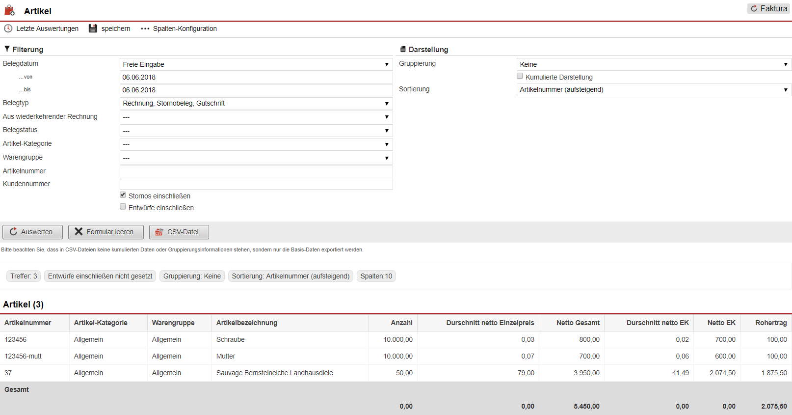 Screenshot der Artikel- und Beleg-Statistik