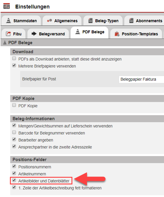 Screenshot markierte Einstellung zum Aktivieren der Verwendung von Artikel-Datenblätter