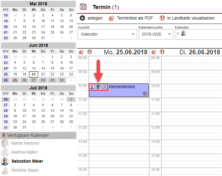 Screenshot Terminkalender mit Termin, bei dem mehrere Benutzer angezeigt werden
