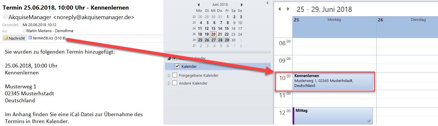 Montage Screenshot Informations-Mail zum Termin und Kalendereintrag in Outlook