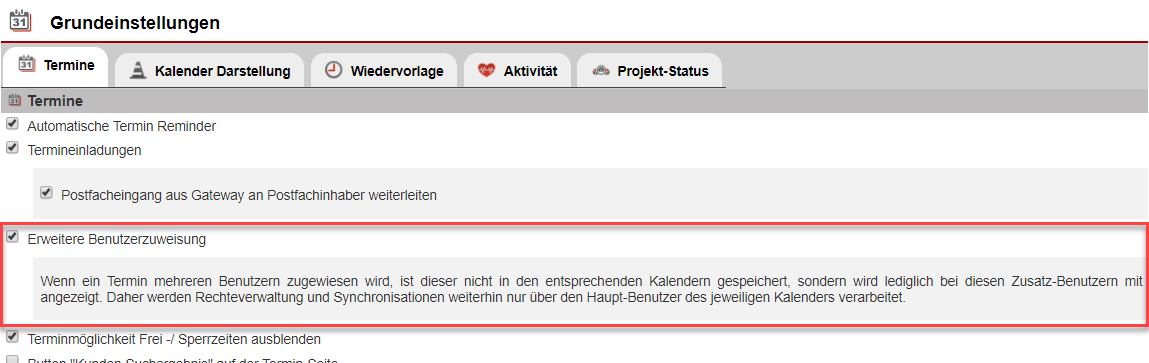Screenshot Einstellung zur Aktivierung der Funktion "Erweiterte Benutzerzuweisung zu Terminen"