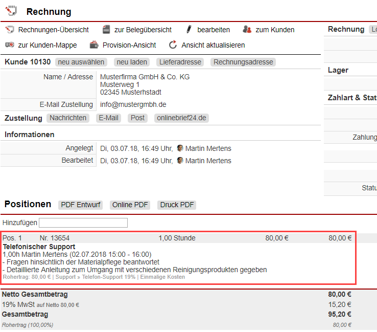 Screenshot Belegerstellungsmaske mit Abrechnung von telefonischer Supportzeit als Position