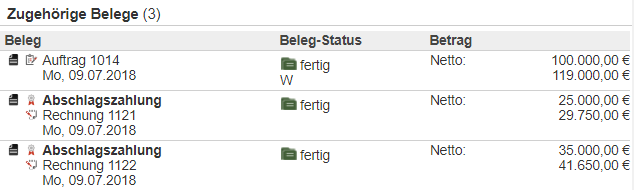 Screenshot des Bereichs, in welchem weitere zu einem Beleg zugehörige Belege innerhalb der Belegerstellungsmaske aufgeführt werden