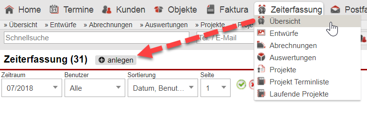 Screenshot des Menüpunkts "Zeiterfassung" mit Markierung