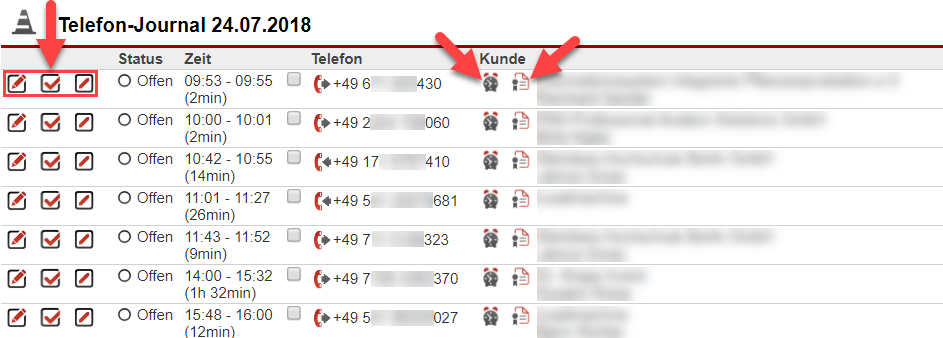 Screenshot Telefon-Journal mit verschiedenen Markierungen