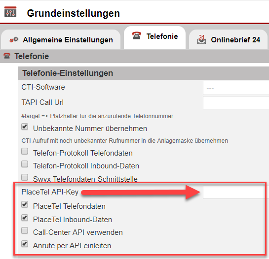 Screenshot Systemeinstellungen Bereich CTI Software Einstellungen mit Rahmen um Placetel Konfigurationen