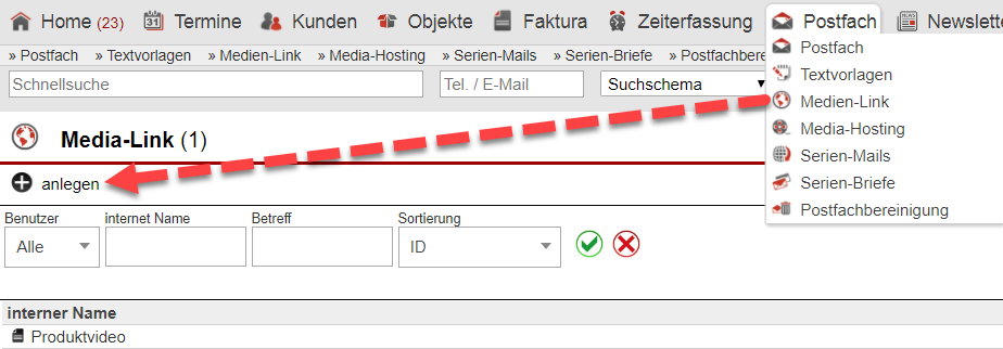 Screenshot Bereich zur Übersicht und Anlage von Media-Links