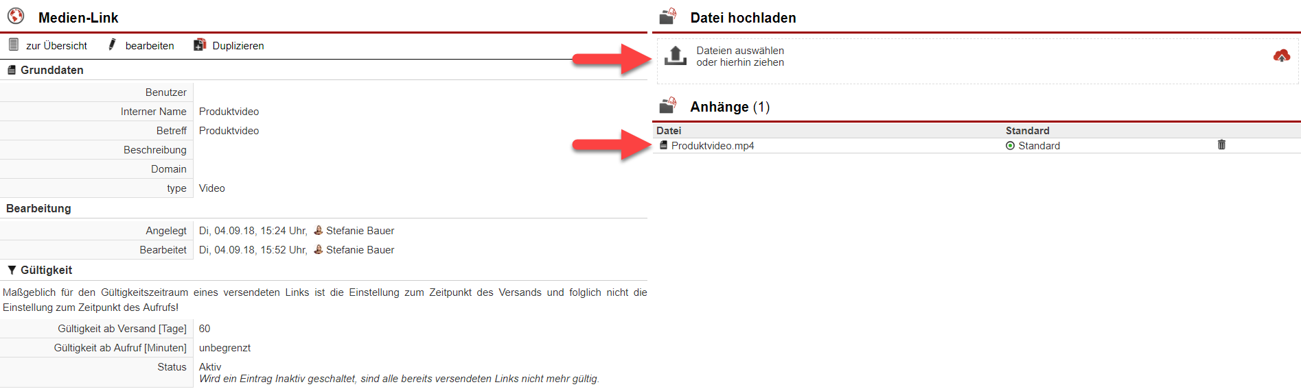 Screenshot Bereich zum Upload einer Datei, die dann als Inhalt des Media-Links dienen soll