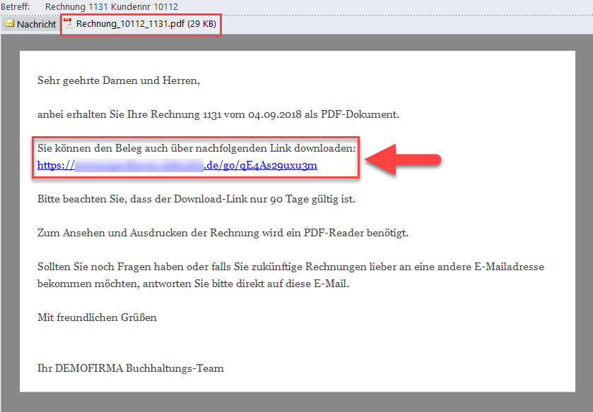 Screenshot E-Mail mit Beleg im Anhang und mit einem Link zum Download des Belegs
