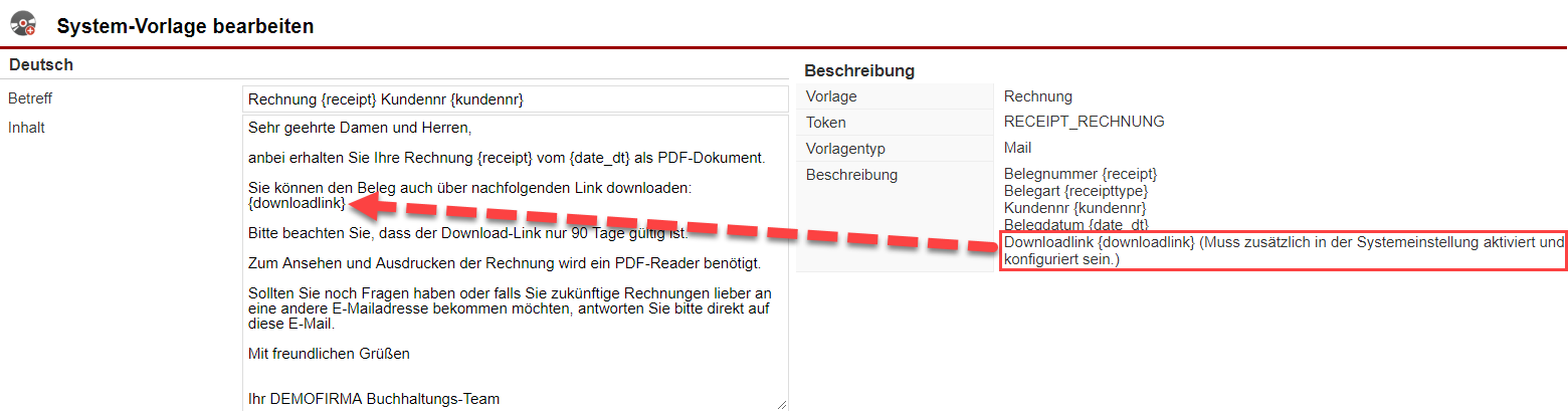 Screenshot der Maske zum Modifizieren einer System-Textvorlage mit verschiedenen Markierungen