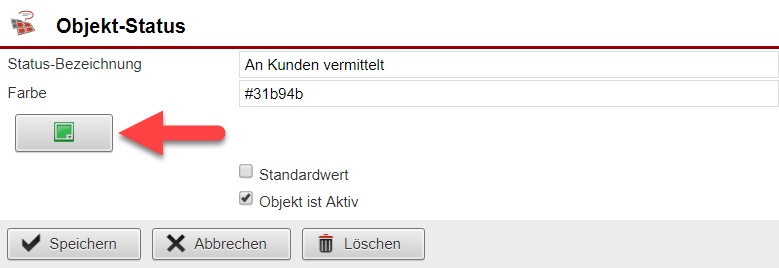 Bereich zur Einrichtung eines Objektstatus mit Markierung des Buttons für die Farbeinstellungen