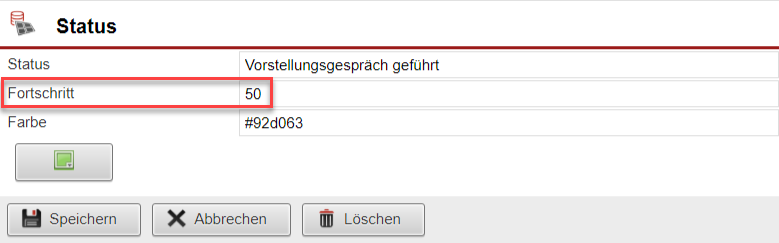 Screenshot des Felds zum Einstellen eines Fortschrittswerts innerhalb des Bereichs zur Anlage und Einstellung eines Objekt-Status
