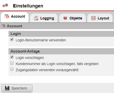 Screenshot Reiter "Account" mit Einstellungsoptionen