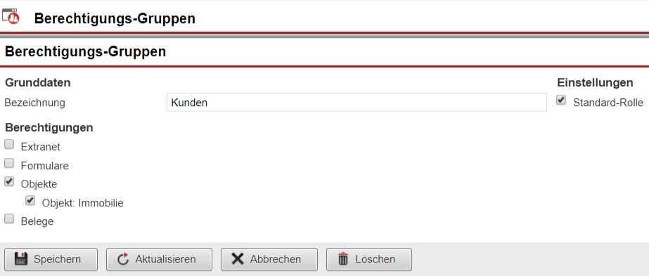 Screenshot Maske zum Anlegen von Berechtigungs-Gruppen