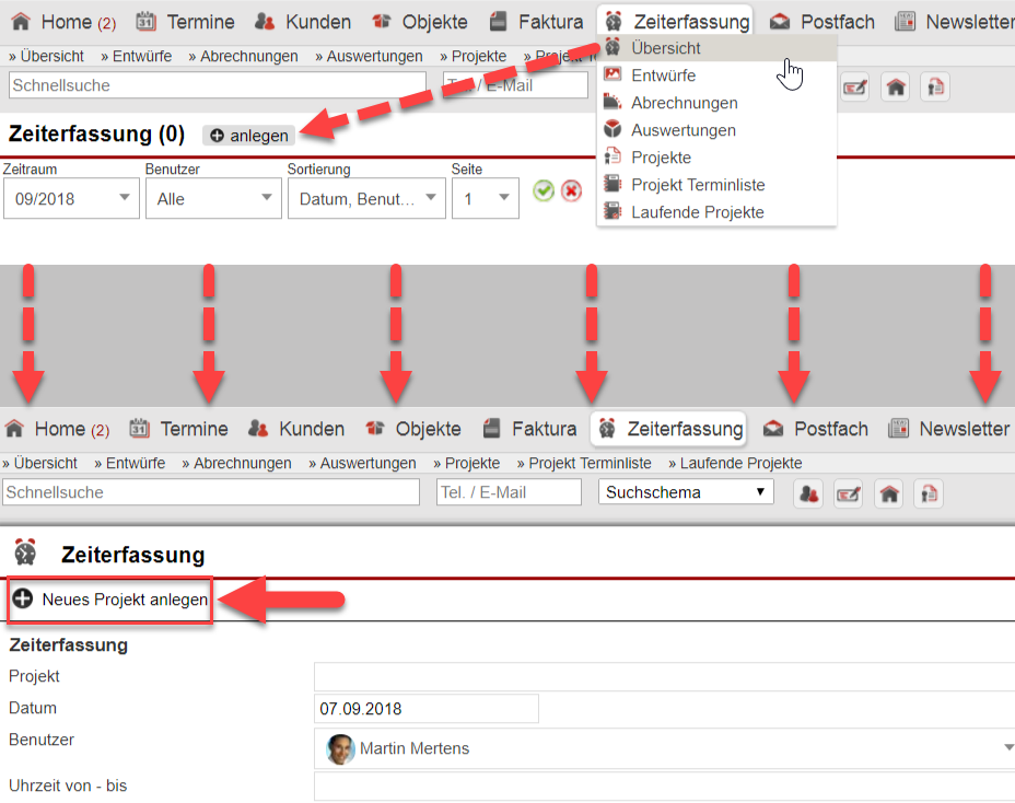 Screenshots von verschiedenen Masken des Moduls "Xopido" zur Zeiterfassung mit verschiedenen Markierungen