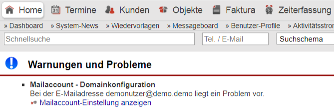 Screenshot eines Hinweises im Bereich "Warnungen und Probleme" des AkquiseManager-Dashboards
