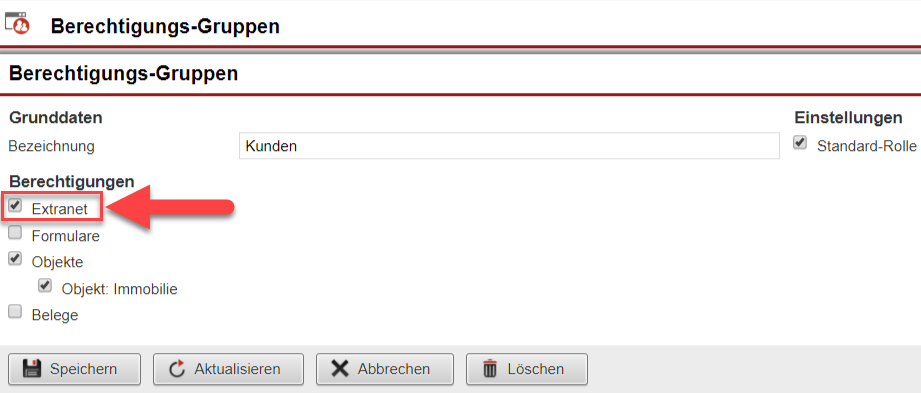 Screenshot Einstellungsmaske "Berechtigungsgruppen" mit Markierung der Checkbox für die Aktivierung des Extranet-Zugriff