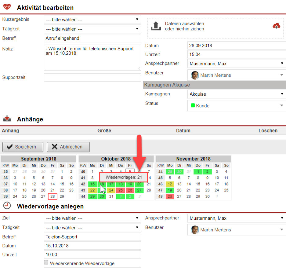 Screenshot Kalender-Heat-Map im Wiedervorlagenfenster mit Markierung