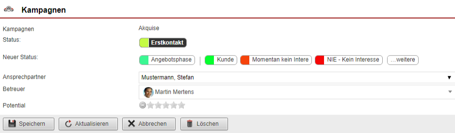 Screenshot Maske zur Einstellung eines Kampagnen-Status