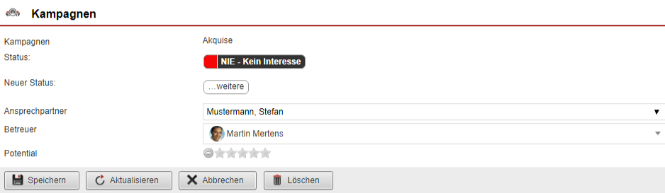 Screenshot Maske zur Einstellung eines Kampagnen-Status