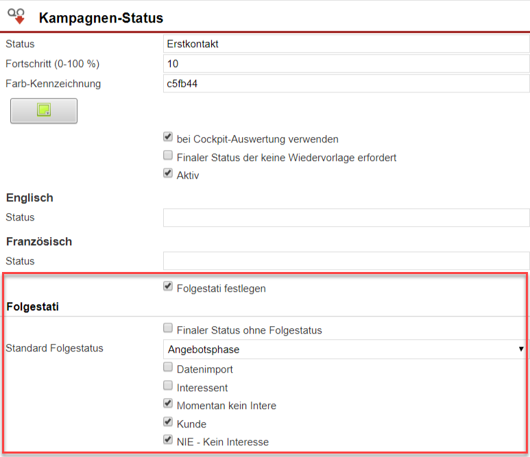 Einstellungsmaske für vordefinierte Folgestati