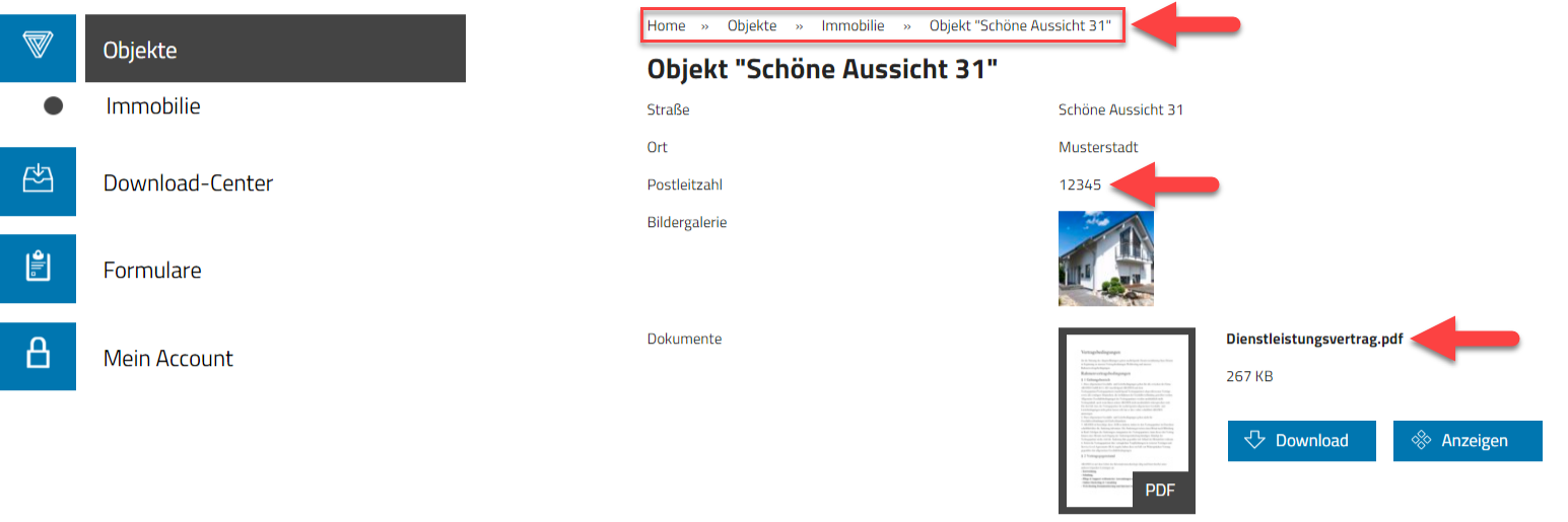 Screenshot Objekt-Detailansicht innerhalb eines Doku365-Accounts mit verschiedenen Markierungen