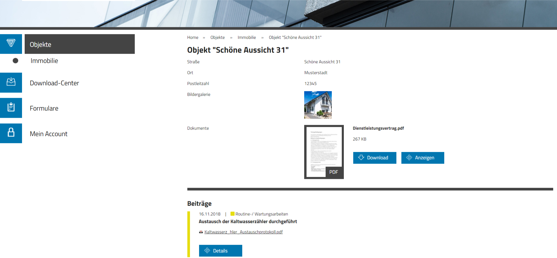 Screenshot Objekt-Detailansicht innerhalb eines Doku365-Accounts mit Bereich für Beiträge