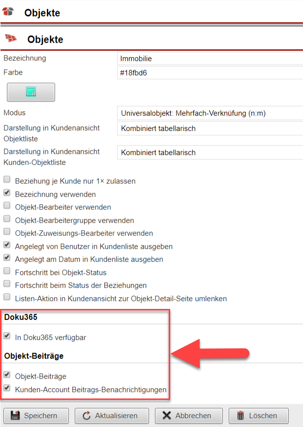 Screenshot Doku365-Einstellungen in der Bearbeitungsmaske eines Objekts