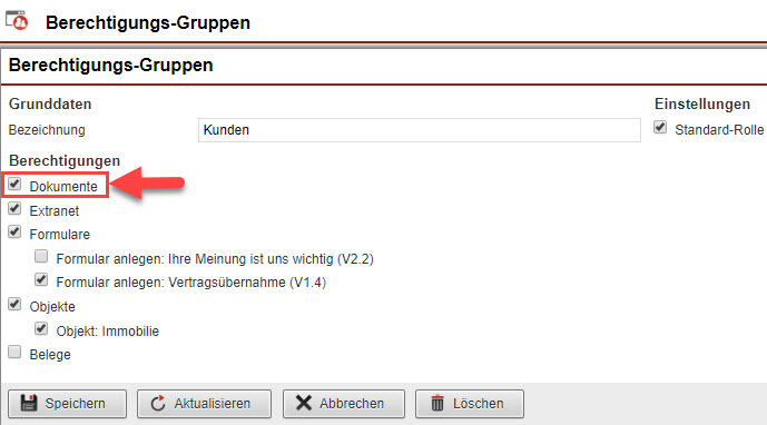 Screenshot Doku365-Berechtigungs-Gruppen-Einstellungen mit Markierungen