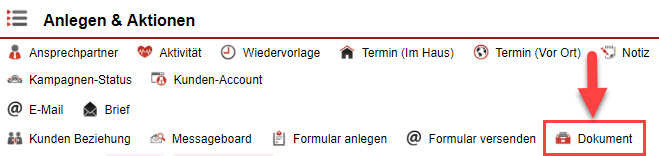 Screenshot "Anlegen & Aktionen"-Leiste mit Markierung des Buttons "Dokumenten"