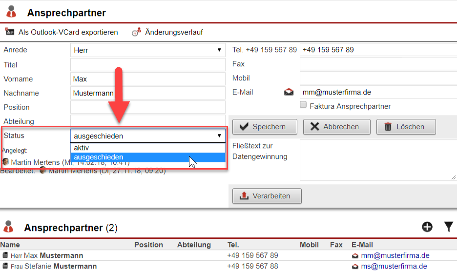 Screenshot Ansprechpartner-Bearbeitungsmaske mit Markierung der Ansprechpartner-Status-Einstellung.